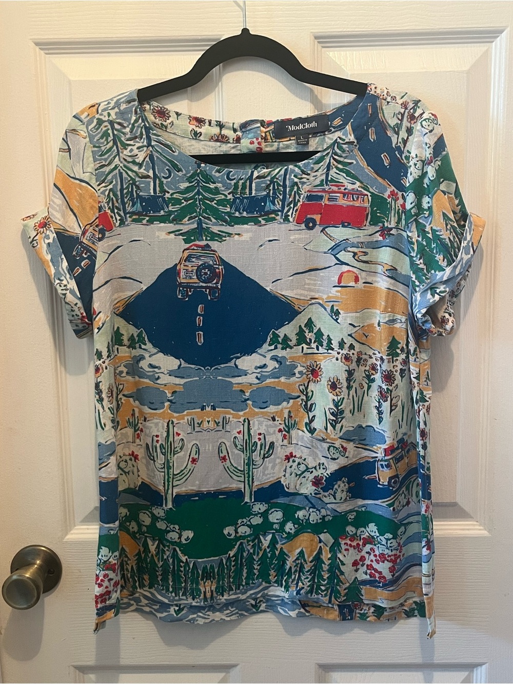 Mod Cloth Scenic Print Women's Short Sleeve Top - Blue/Green